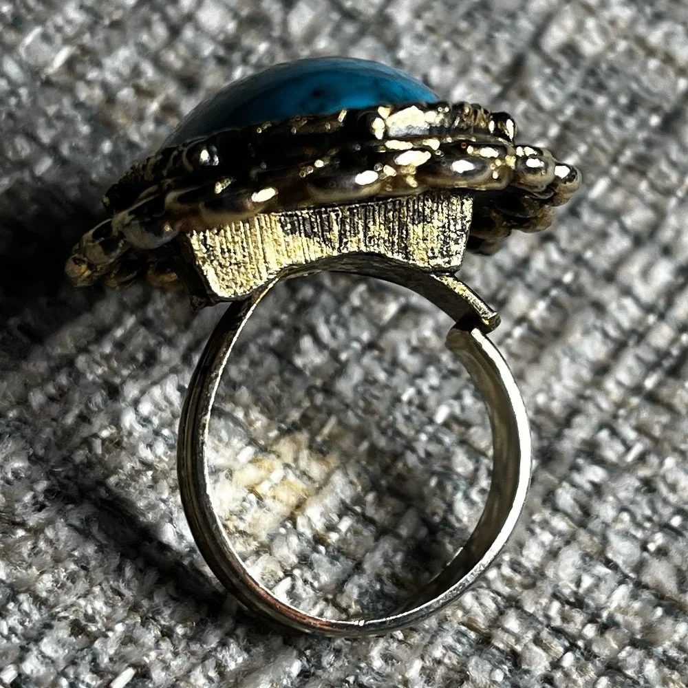 Vintage Chunky Faux Turquoise Gold Tone Statement Costume Adjustable Ring Ornate